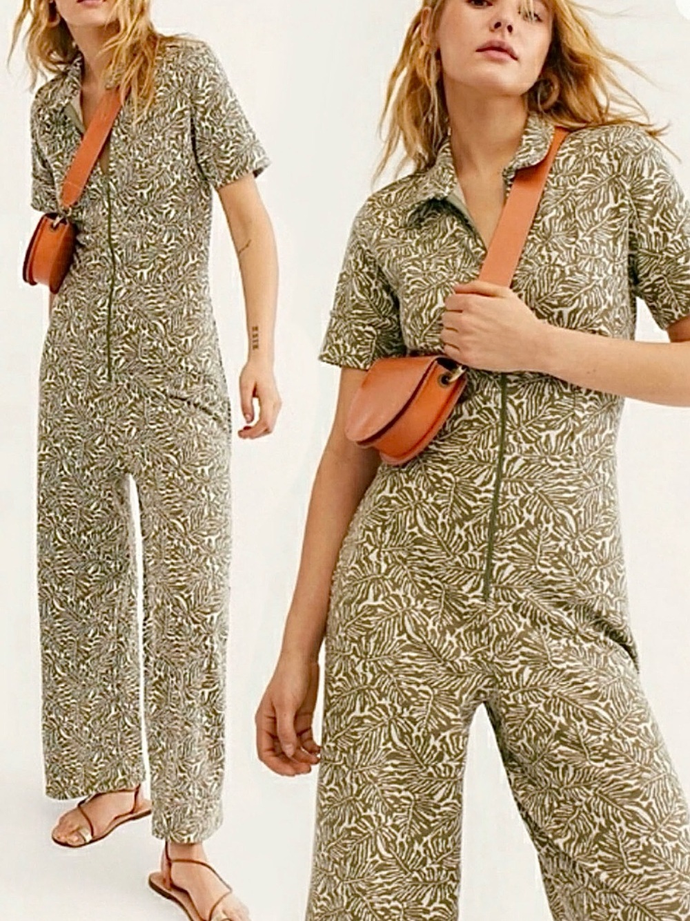 Free People Ellie Palm Leaf Print Jumpsuit Green XS